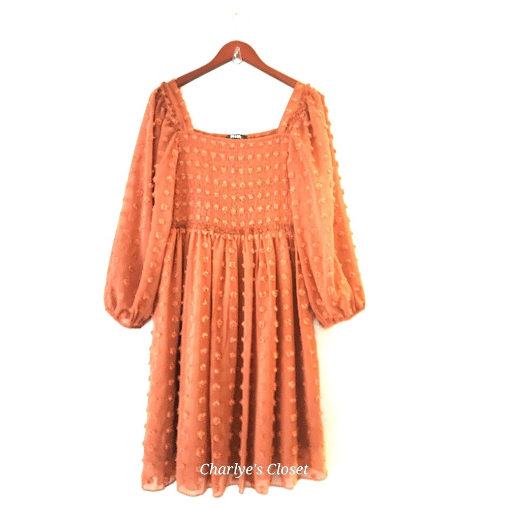 Flowy Soft Orange Boho Swiss Dot Babydoll Dress Size L Coquette Fairy Ethereal
